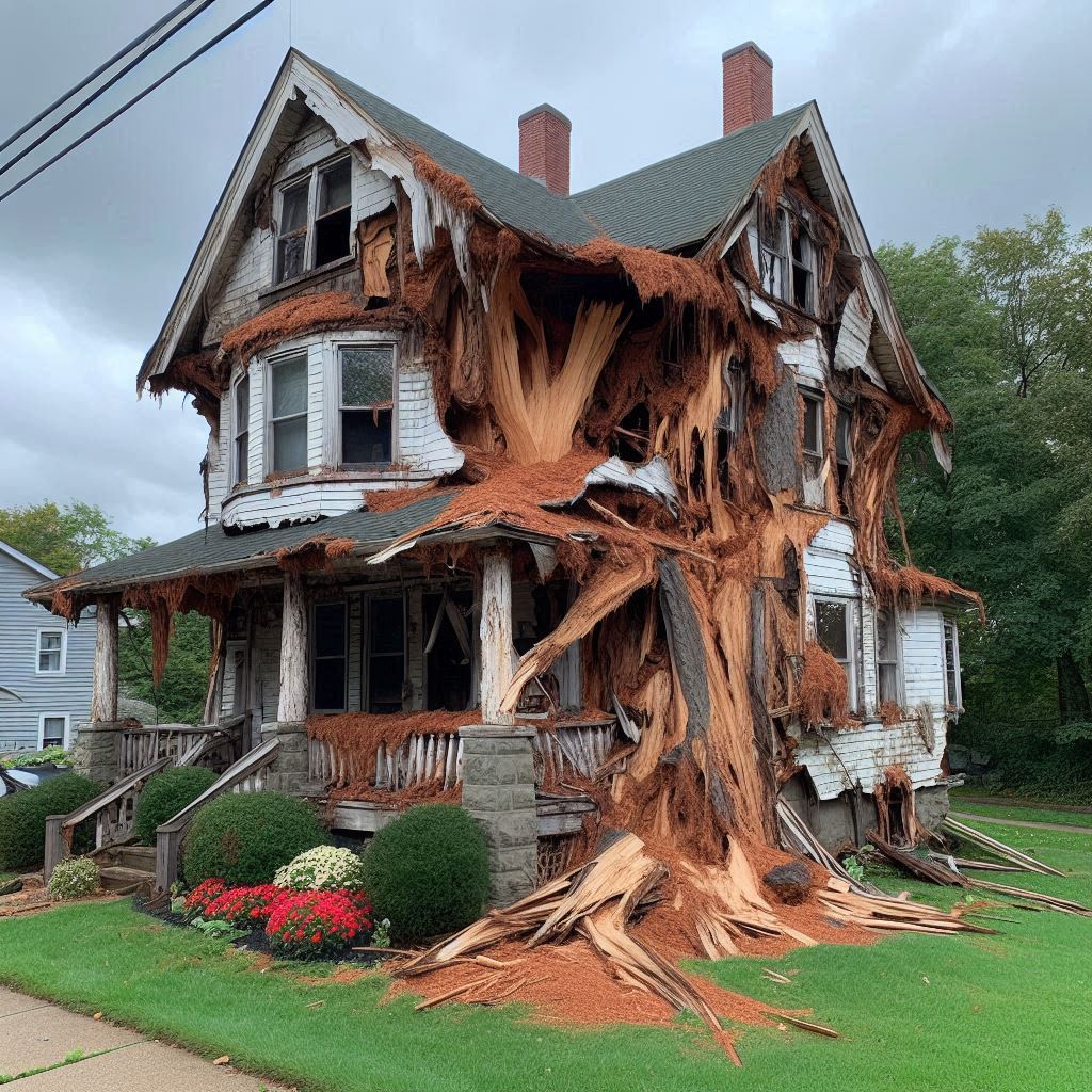 Damaged tree on an Roslindale home showing signs of disease and decay